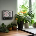 Digital thermometer on a wall next to potted plants. Generative AI Royalty Free Stock Photo