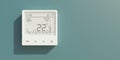 Digital thermostat on blue wall. Home heating temperature control device close up. 3d render Royalty Free Stock Photo