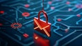 Digital threat abstract with red phishing hook and corrupted email icon on network of interconnected nodes