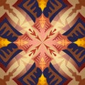 Digital kaleidoscope tile pattern with brown, red, taupe, yellow and blue natural elements