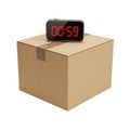 Digital timer displaying 0059 placed on top of a cardboard box isolated on white background Royalty Free Stock Photo