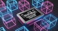 Digital Timestamp Verification Device with Glowing Neon Blockchain Cubes Royalty Free Stock Photo
