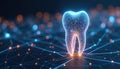 Digital tooth wireframe model connected to glowing network data points on dark blue background. Futuristic dental tech Royalty Free Stock Photo