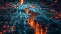 A digital topography landscape showcases a canyon-like divide with streams of glowing data, symbolizing information flow Royalty Free Stock Photo