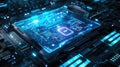 Digital touch screen of control panel in command center, futuristic computer dashboard background. Concept of hud and ui tech, Royalty Free Stock Photo