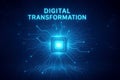 Digital Transformation Concept with Central Glowing CPU Chip and Blue Circuitry technology innovation Royalty Free Stock Photo