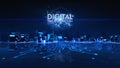 Digital Transformation Concept. 3d Render Futuristic city neon light with power energy ball light. Royalty Free Stock Photo
