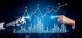 Digital Transformation and Future Technology: Human-Hand and Robot-Hand Interaction Over Data Visualization with Graphs Royalty Free Stock Photo