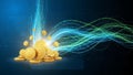 Digital Transformation of Gold Coins into Streams of Binary Code and Light Trails finance Royalty Free Stock Photo