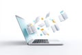 Digital transformation is represented by the image of a laptop being used for reading, with flying pages signifying the Royalty Free Stock Photo