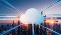 Digital transformation, virtualized cloud interface, abstract data flows, modern cityscape backdrop create dynamic visual of Royalty Free Stock Photo