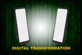 Digital transformation words and blank smartphones screen on pattern of green binary code decimal