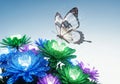 Digital transparent butterfly with circuit board wings flying over glowing binary code flowers Royalty Free Stock Photo