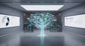 Digital tree of data nodes in futuristic showroom with holographic displays Royalty Free Stock Photo