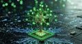 Digital tree with glowing green cubes as leaves growing from a computer processor technology Royalty Free Stock Photo