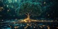 Digital tree with glowing roots symbolizing technology and nature integration Royalty Free Stock Photo