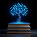 Digital tree of knowledge emerges from stacked books illuminated by blue light Royalty Free Stock Photo