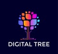 Digital tree logo, colorful tree icon, colored leaf, computer data base, flat logo template, minimal style emblem Royalty Free Stock Photo