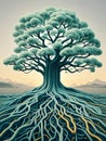 Digital tree with roots resembling circuit lines representing the fusion of technology and nature in an artificial. Royalty Free Stock Photo