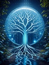 Digital tree with roots resembling circuit lines representing the fusion of technology and nature in an artificial. Royalty Free Stock Photo
