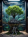 Digital tree with roots resembling circuit lines representing the fusion of technology and nature in an artificial. Royalty Free Stock Photo
