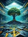 Digital tree with roots resembling circuit lines representing the fusion of technology and nature in an artificial. Royalty Free Stock Photo