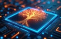 Digital tree structure on computer processor. Glowing lines form roots and branches in circuit board. Futuristic data network Royalty Free Stock Photo