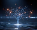 Digital tree structure with glowing nodes growing from a circuit board at night Royalty Free Stock Photo