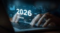 2026 digital trends analysis on futuristic business dashboard with data visualization interface Royalty Free Stock Photo