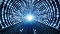 Digital tunnel of binary code and light moving towards bright end point illuminating dark space Royalty Free Stock Photo