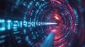 A Digital Tunnel Composed of Spiraling Binary Code with a Glowing Path