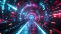 Digital tunnel in cyber space, abstract tech corridor background. Perspective of cyberspace with neon data light. Concept of