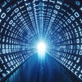 Digital tunnel with glowing binary code and light at the end Royalty Free Stock Photo