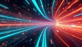 Digital tunnel with glowing lines. Fast moving data streams create vibrant tech background. Abstract lines, particles generate Royalty Free Stock Photo
