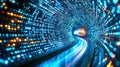 Light trails illuminating a futuristic flow, neon background digital tunnel with binary code data abstract creating a Royalty Free Stock Photo