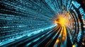 Light trails and a futuristic abstract neon background digital tunnel with binary code data flow, creating illuminating Royalty Free Stock Photo