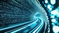 Light 3d trails illuminating a futuristic abstract neon background digital tunnel with binary code data flow, creating a Royalty Free Stock Photo