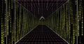 Digital tunnel with green binary code and grid lines, image of data flow Royalty Free Stock Photo