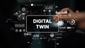 Digital Twin Concept Visualization with Data Analysis Graphics and Touch Interaction in Modern Technology Environment Royalty Free Stock Photo