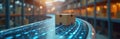 Digital twin supply chain visualization shows real-time data flow for procurement logistics. Package travels on conveyor belt Royalty Free Stock Photo