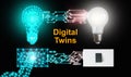 Digital twins concept. A digital light bulb and its counterpart are controlled or switched on by one single push on either side of