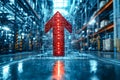 Digital upward arrow in a futuristic warehouse setting representing technological growth and progress Royalty Free Stock Photo