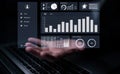 Digital User Interface with Analytics and Performance Metrics Displayed on a Dark Background with Hand Reaching Towards Royalty Free Stock Photo