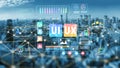 Digital User Interface Design Concept Over City Skyline with User Experience Visuals and Data Analytics Representation Royalty Free Stock Photo