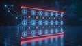 Digital User Network Grid with Interconnected Avatars and Glowing Connections on a Reflective Data Floor, Abstract Tech and Social Royalty Free Stock Photo