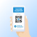 Digital vaccine passport on mobile phone screen. Scanning QR code for vaccine passport