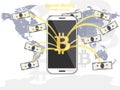 Digital Vector Bitcoin mining from phone. Cryptocurrency wallet transfers in chash concepts Royalty Free Stock Photo