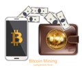Digital Vector Bitcoin mining from phone. Cryptocurrency wallet transfers in chash concepts Royalty Free Stock Photo