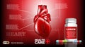 Digital Vector Infografic Realistic Human Heart. Premium quality illustration detailed organs. Health care drug pills