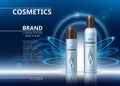 Digital Vector Realistic Cosmetics bottles. Body gel and foam products. 3d set collection for shaving with sparkling